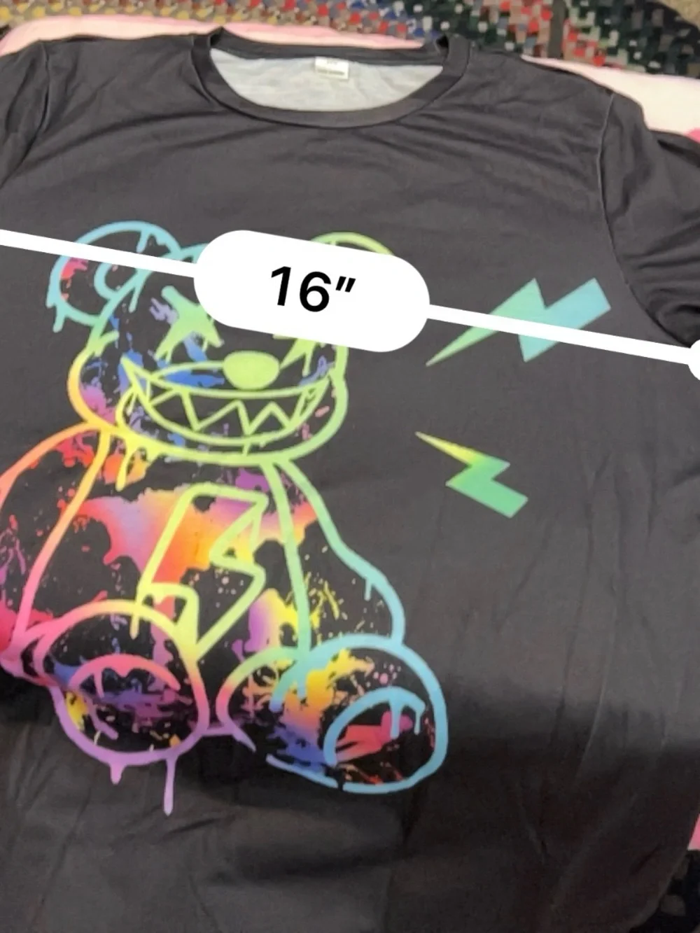 Black Graphic Teddy Bear Tee with Neon Rainbow Print with socks